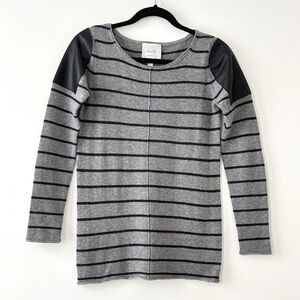 Woolly Minded Wool Cashmere Gray Striped Leather Shoulder Patch Crewneck Sweater